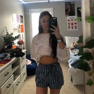 white and blue stripped jean shorts